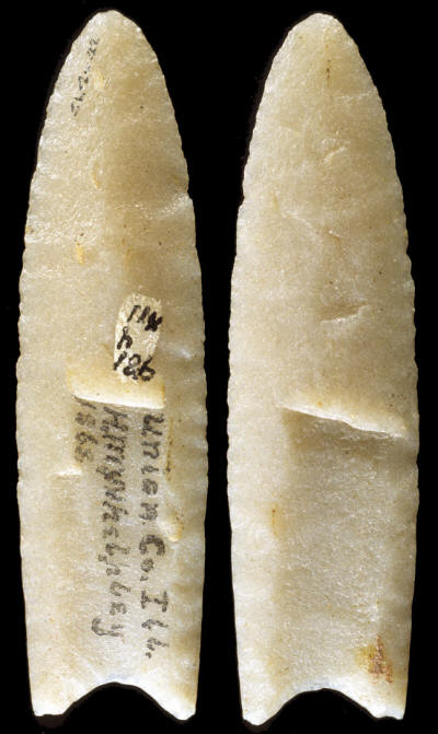 A sugar Quartz Clovis point found in Union Co., Illinois.