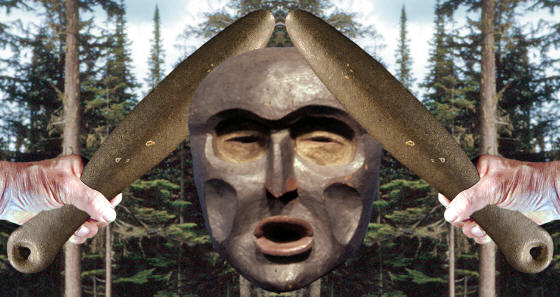 Abstract image of northwest coast stone club and mask.