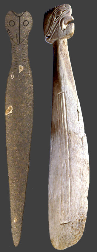 Two effigy carved stone and bone clubs from NW coast.