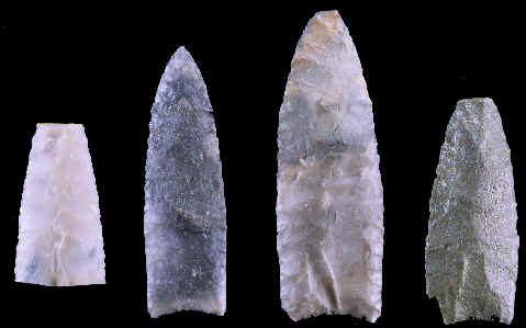 The 4 projectile points found on the Domebo site.