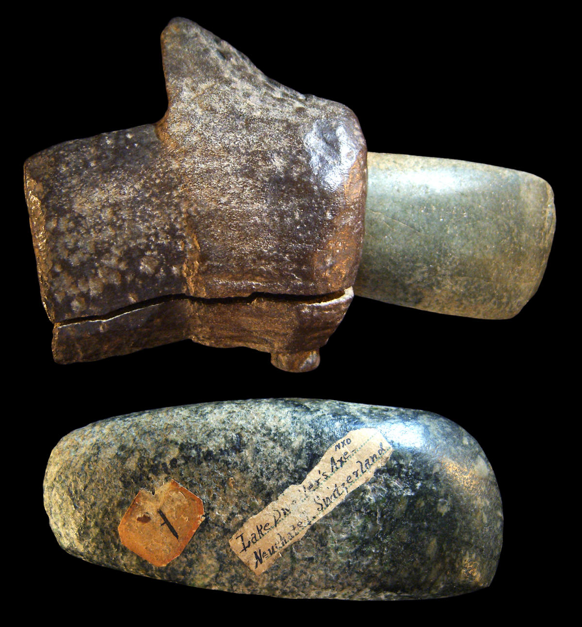 Hafted & unhafted celts from Swiss Lake Neolithic sites.