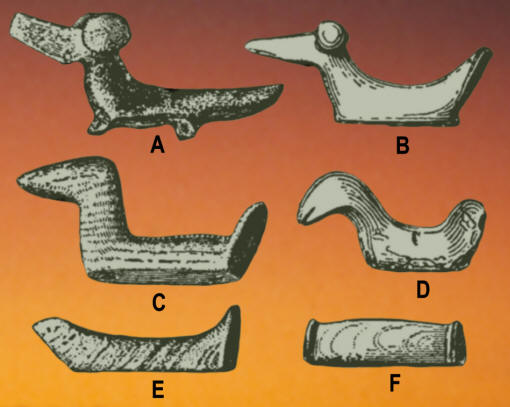 Illustration of six different forms of birdstones.