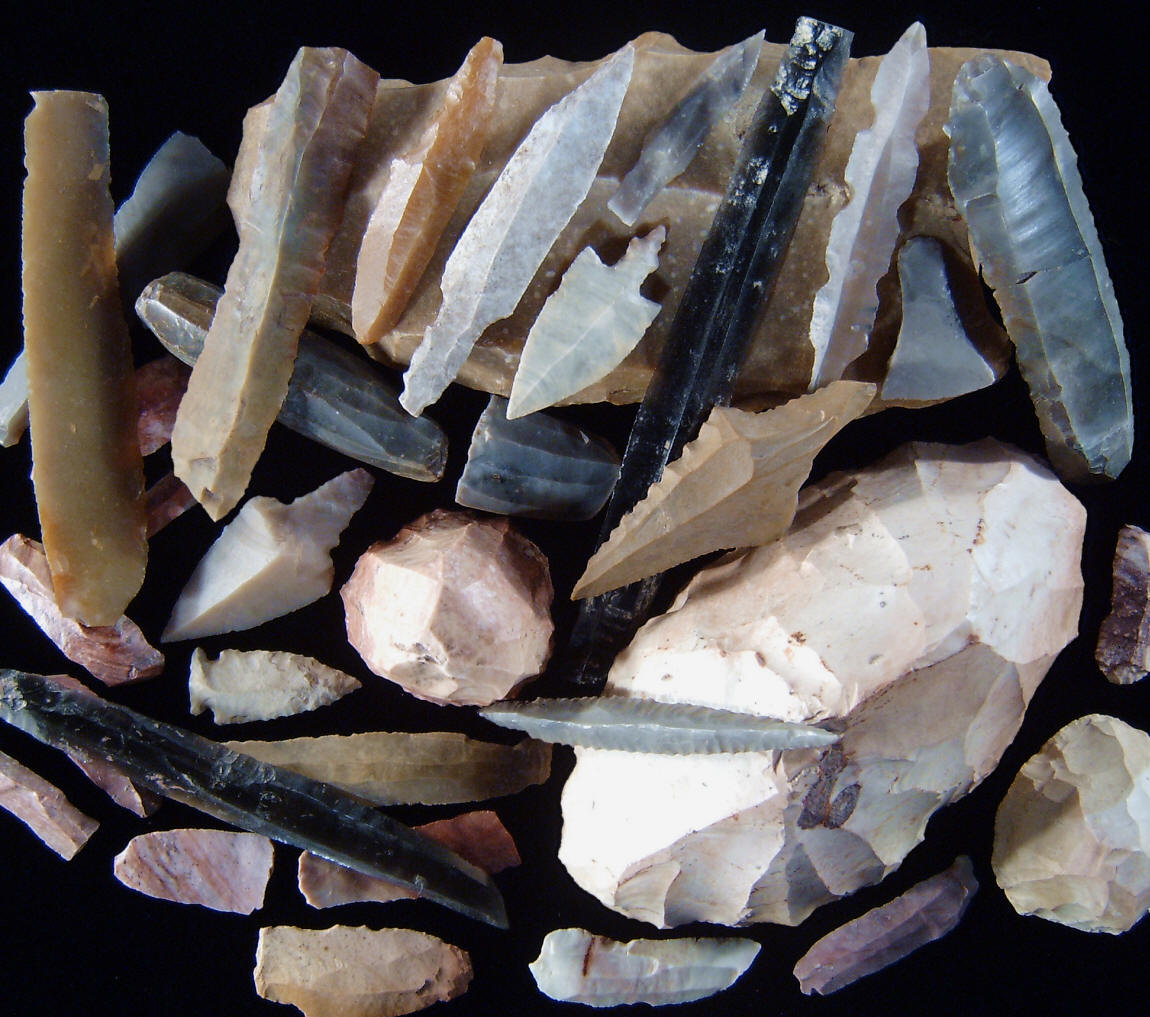Several examples of blades, cores and projectile points.