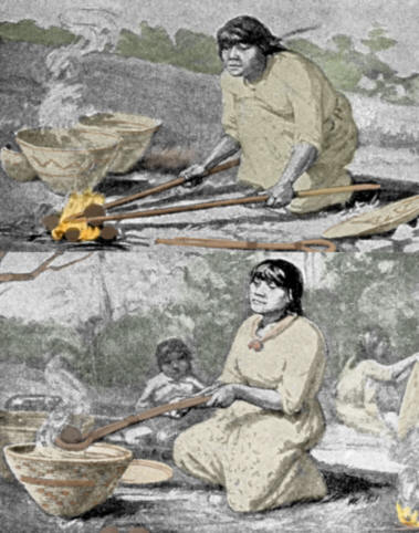 1912 Smithsonian drawings of stone boiling in baskets.