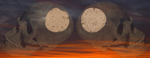 Image of skulls & disc shaped rattles taken from cranium.