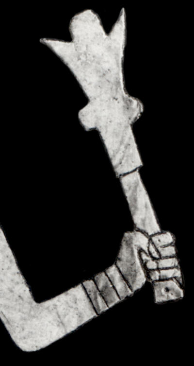 Shell engraving of Duck River style mace in hand.