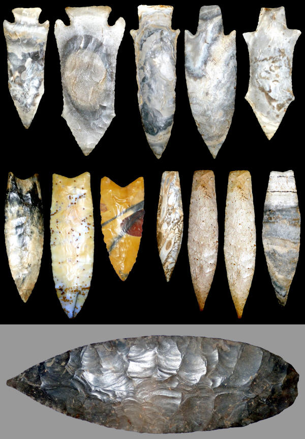 Thirteen examples of George Eklund's knapped points.