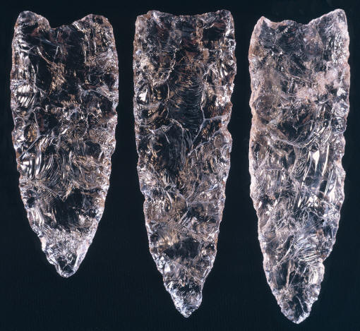 Three quartz crystal Clovis points, Fenn cache.