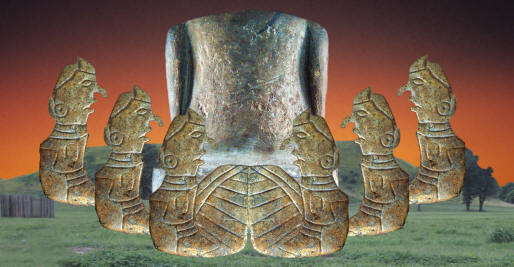 Abstract image of Franke pipe, birdman and monks mound.