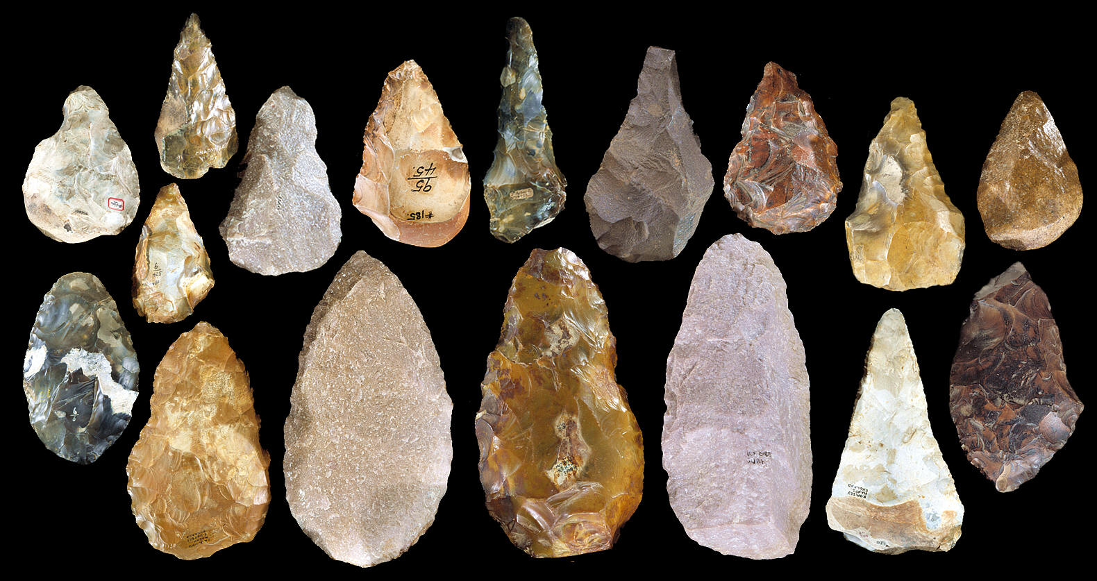 Seventeen handaxes from countries in Africa & Europe.