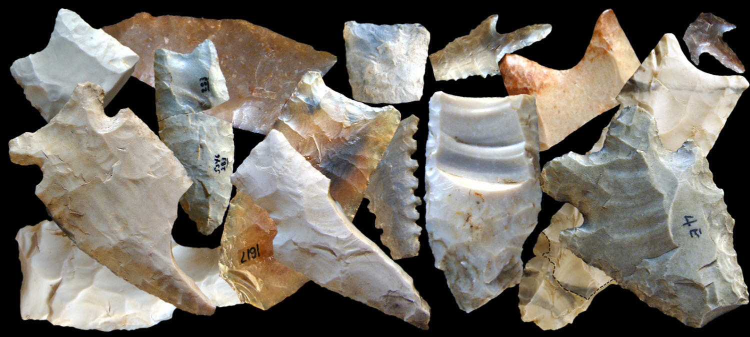 Projectile points with different types of impact fractures.