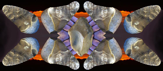 Abstract image of Kerrville knives and handaxe.