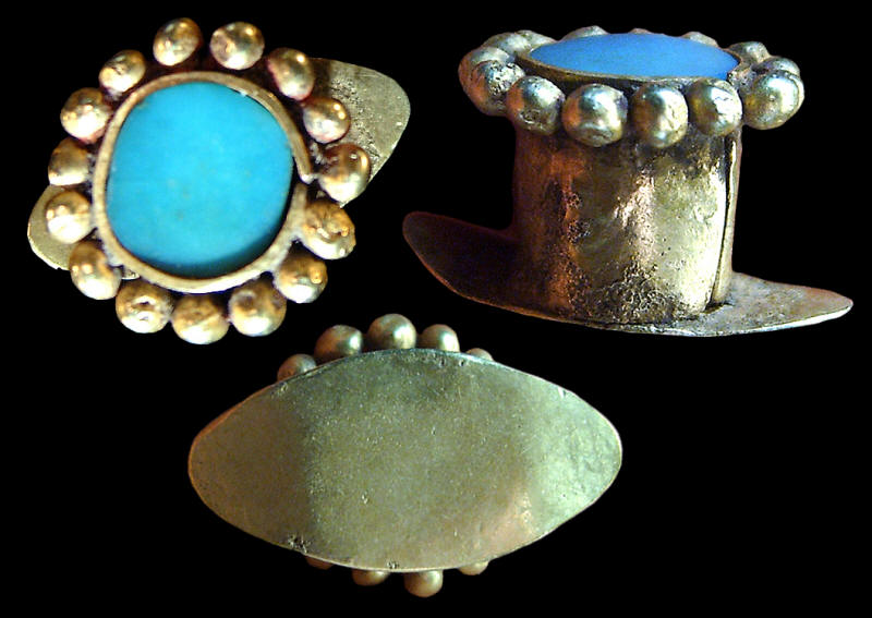Gold labret with inlayed blue stone, Moche culture Peru.