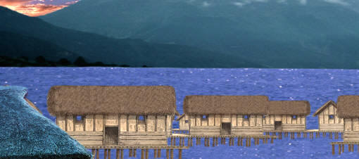 Abstract image of lake houses and mountains.