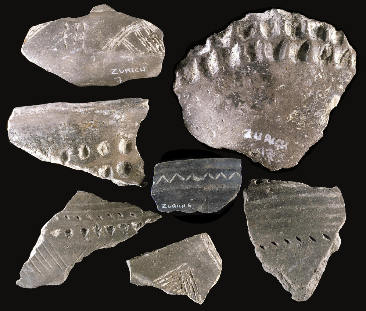 Decorated potsherds from Zurich Switzerland.