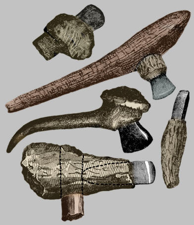 Drawings of Neolithic hafted axes and chisel.