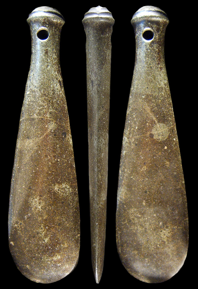 Three views of a patu onewa Maori stone hand "club."