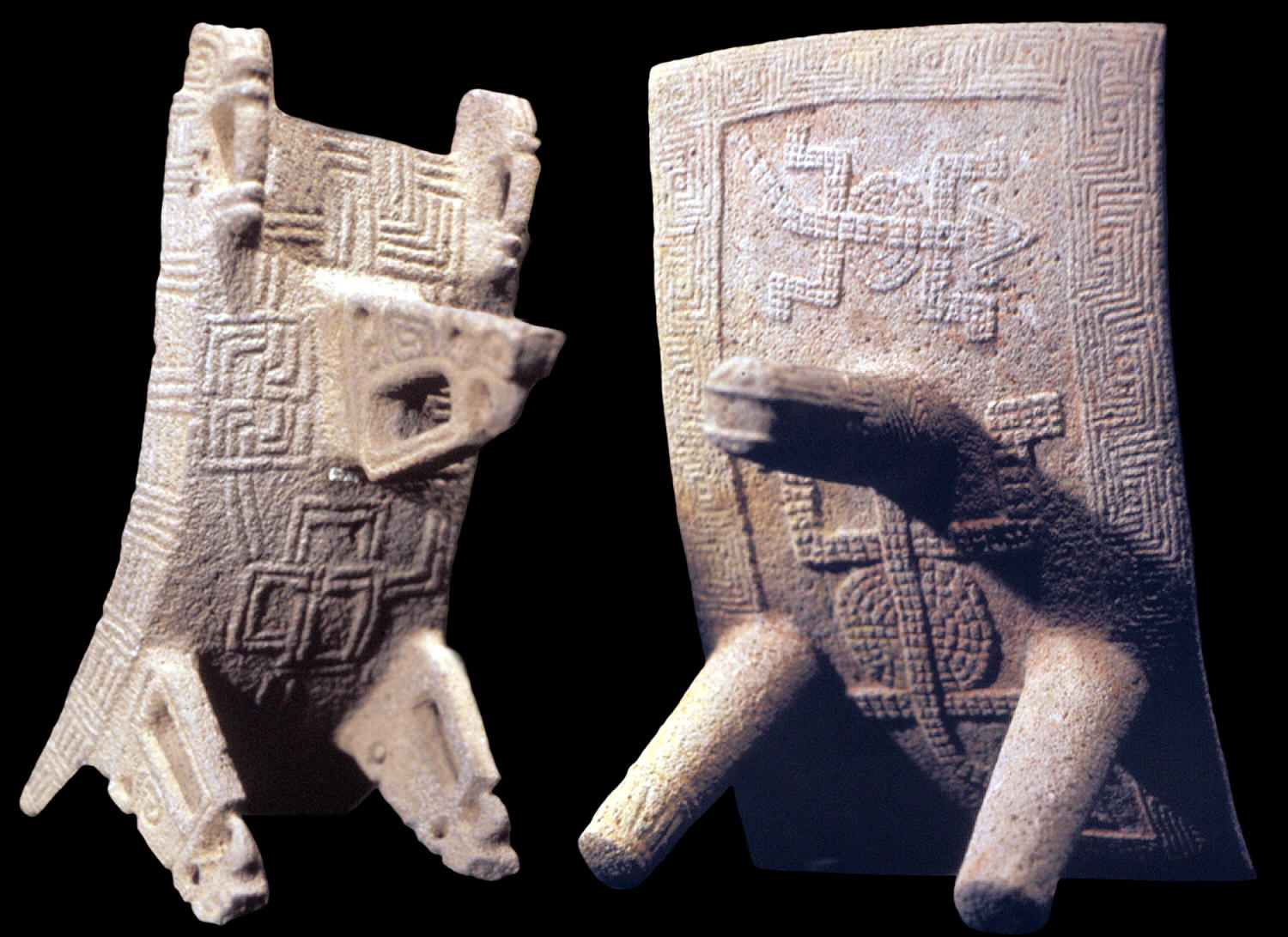 Carved designs on  legs & grinding plates of metates.