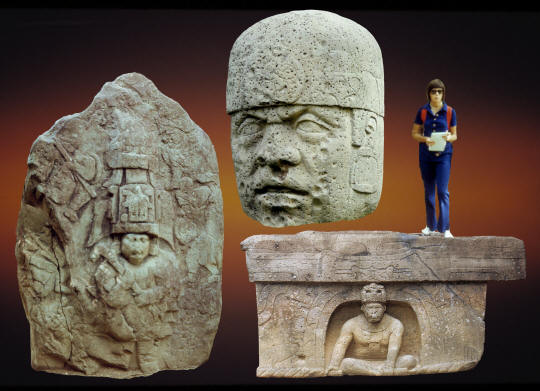 Large Olmec stone work, throne, stela and colossal head.
