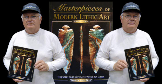 Tom Onken holding Masterpieces Of Modern Lithic Art, book.