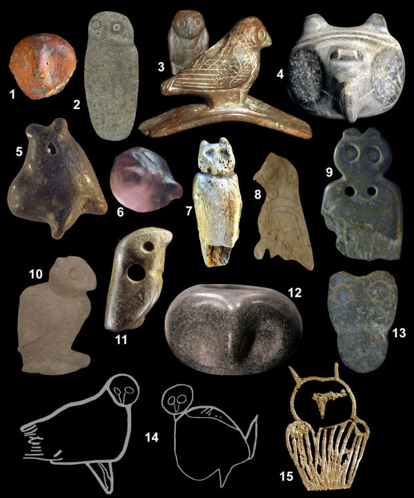 Pictures of 16 prehistoric owl effigies and engravings.