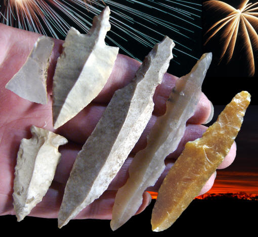 Six projectile points made from blades.