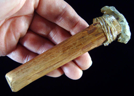 Replica of hafted end-scraper on short handle.