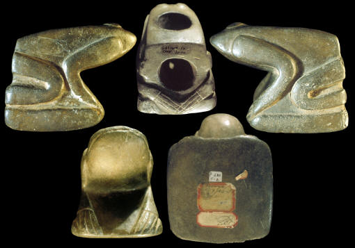 5 views of frog pipe from Craig mound on Spiro Mounds site.