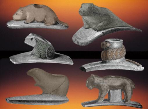 Six animal effigy Hopewell pipes from Mound City, Ohio.