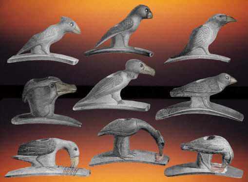 Nine bird effigy pipes from the Mound City site, Ohio.