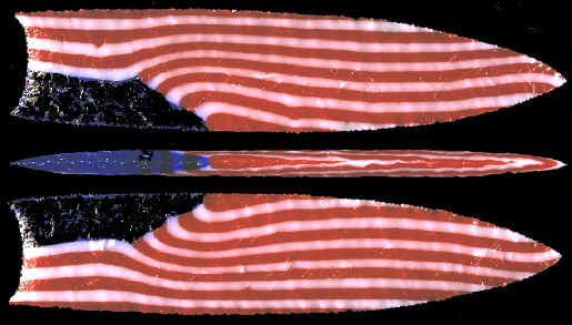 Three views of an American flag glass spear point.