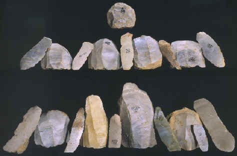 Clovis cores and blades and one hammerstone.