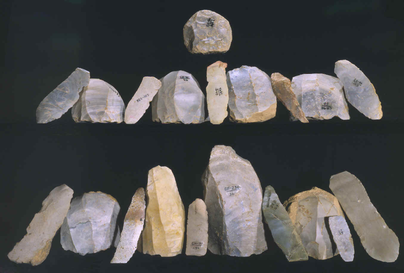 Clovis cores, blades and one hammerstone.