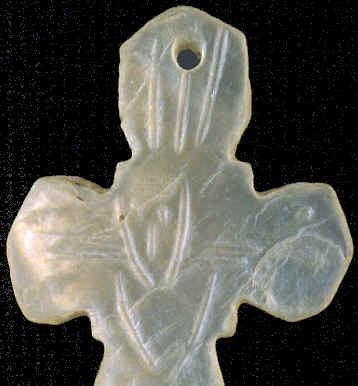 Enlargement of Jesus figure on shell crucifix from California.