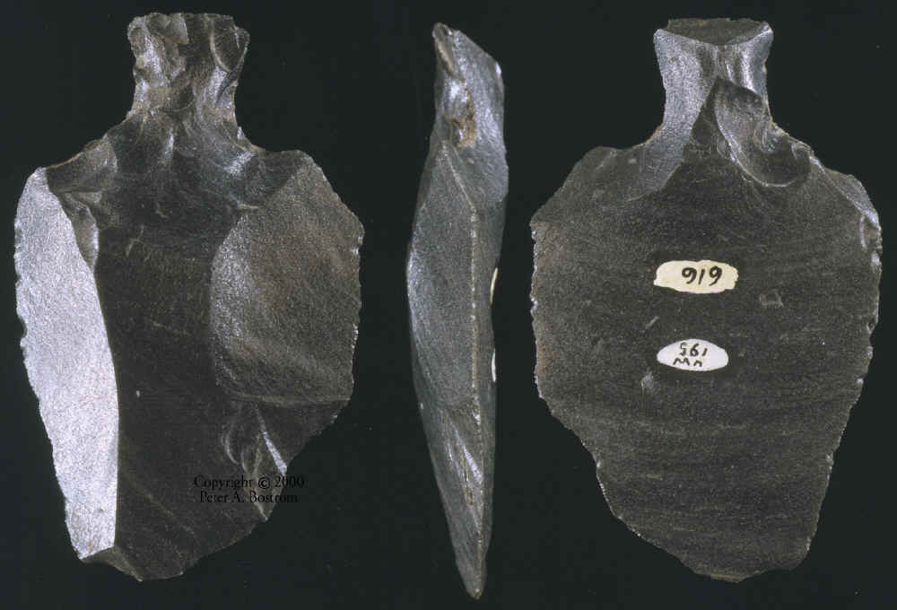 Three views of an Obsidian Mataa Spear Point from Easter Island.