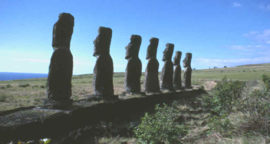 Restored row of Easter Island statues to their original platform.