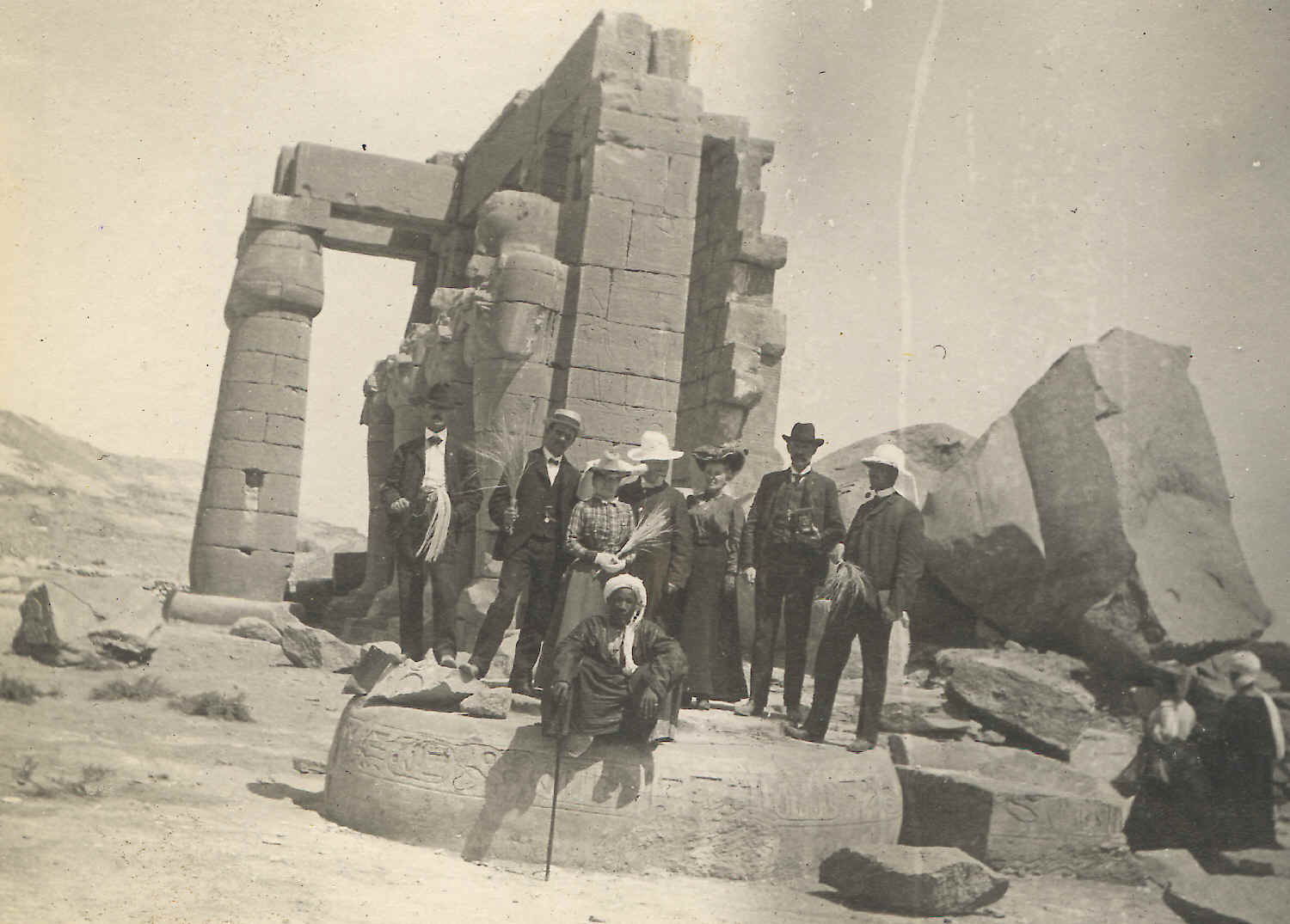 1903 picture of tourist at the ruins in Thebes, Egypt.