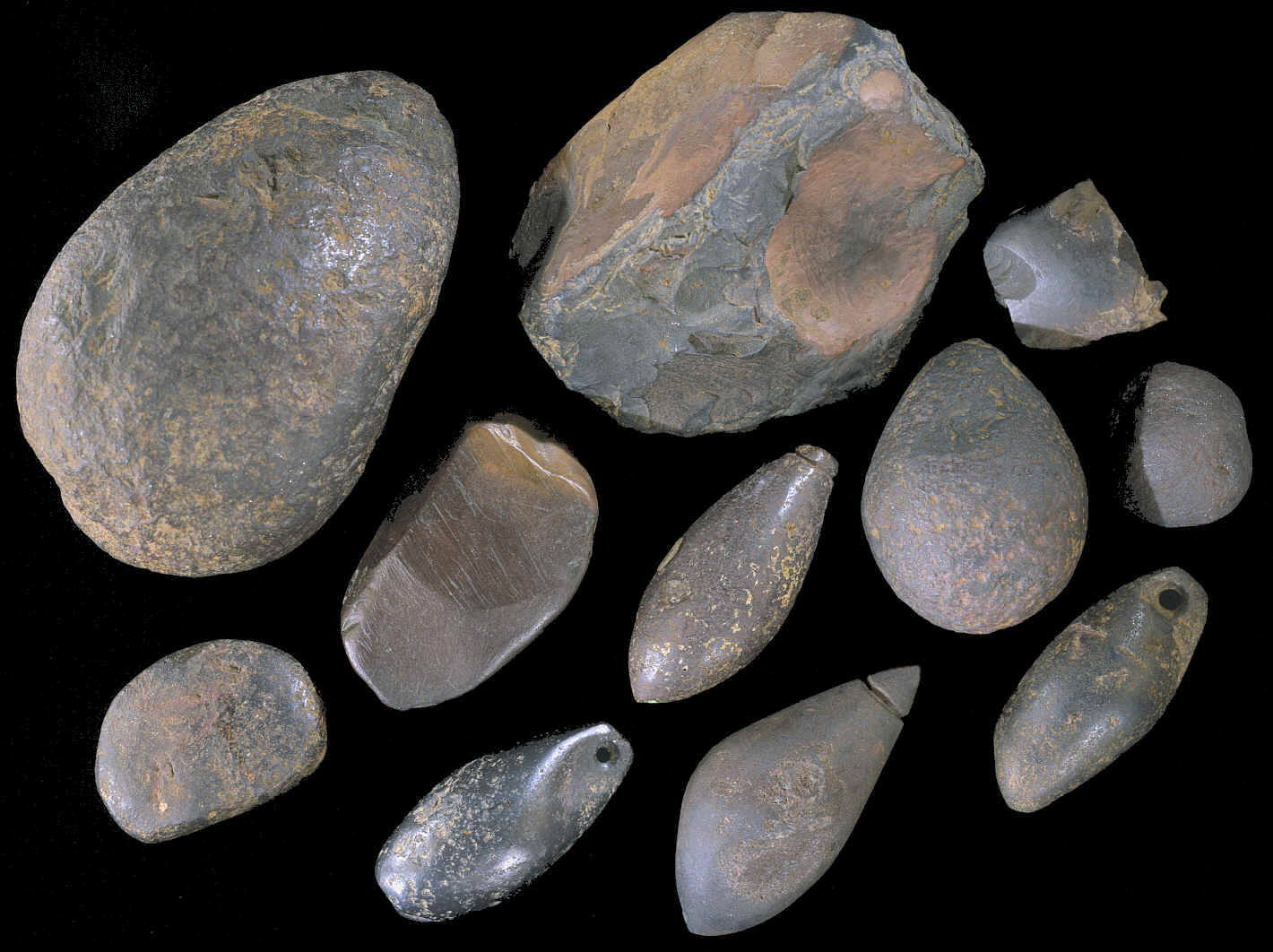 Group of 11 hematite artifacts.