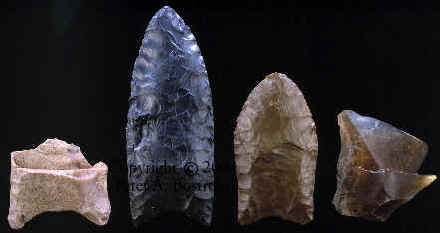 Three Clovis points and flake found with mammoth.