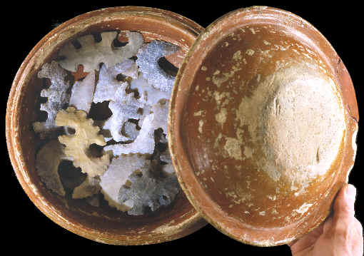 Cache of 26 Mayan "eccentric flints" and ceramic container.