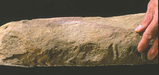 Edge view of a large sandstone grinding stone from MO.
