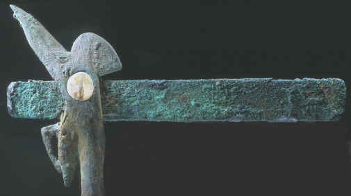 Hafted bird effigy copper axe found in Craig Mound.
